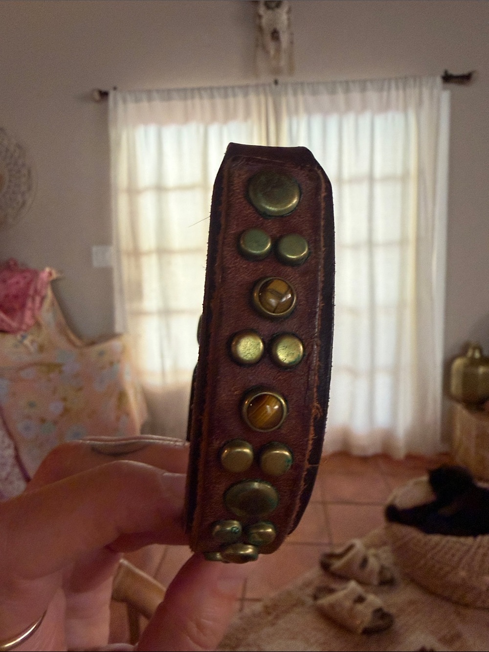 Tigers eye leather stud detail dog collar - Picture 2 of 8
